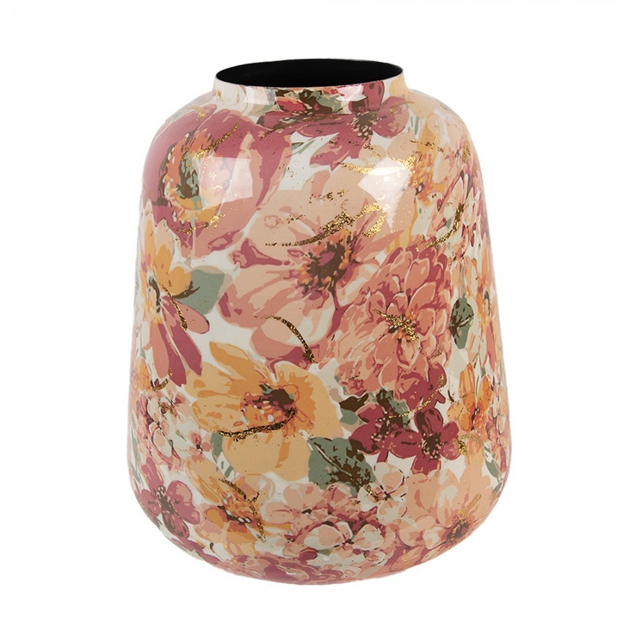 Růžová kovová dekorační váza s květy Margo - Ø 21*25 cm
