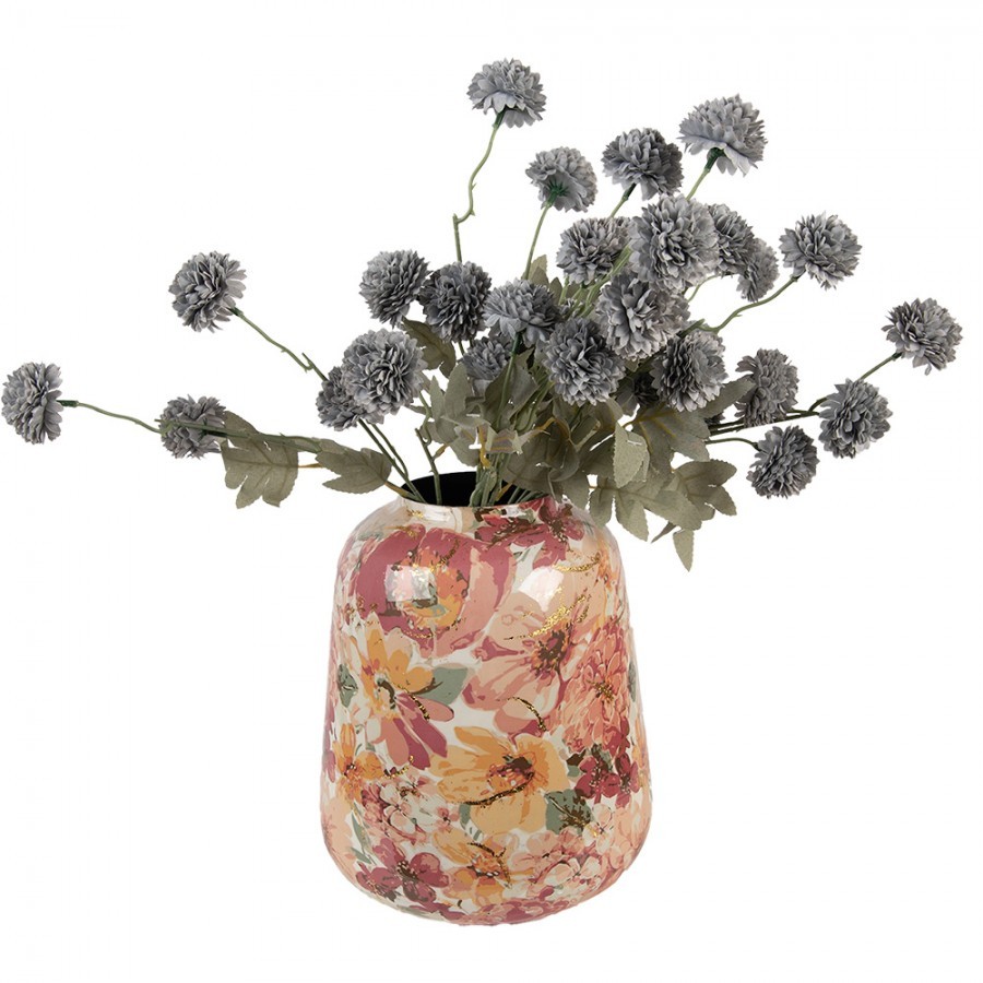 Růžová kovová dekorační váza s květy Margo - Ø 21*25 cm