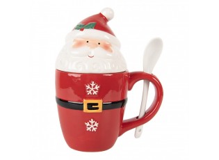 Bílo-červený hrnek Santa Claus s víkem a lžičkou - 13*9*17 cm / 300 ml