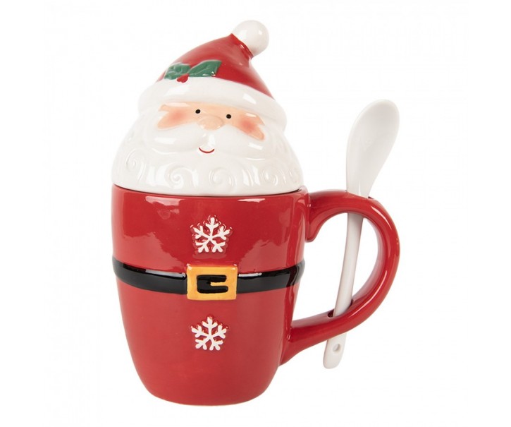 Bílo-červený hrnek Santa Claus s víkem a lžičkou - 13*9*17 cm / 300 ml Clayre & Eef
