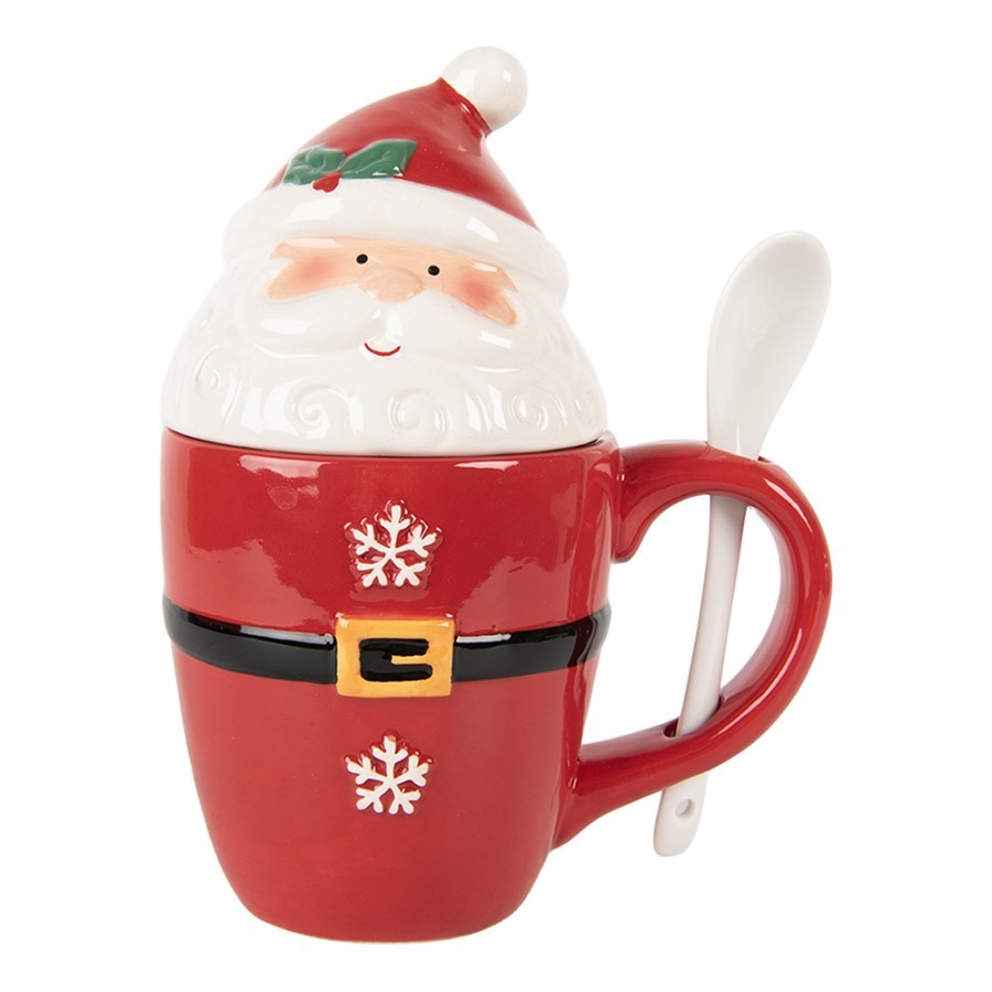 Bílo-červený hrnek Santa Claus s víkem a lžičkou - 13*9*17 cm / 300 ml