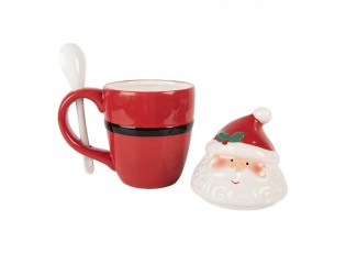 Bílo-červený hrnek Santa Claus s víkem a lžičkou - 13*9*17 cm / 300 ml