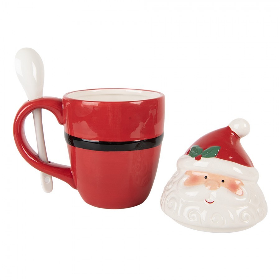 Bílo-červený hrnek Santa Claus s víkem a lžičkou - 13*9*17 cm / 300 ml