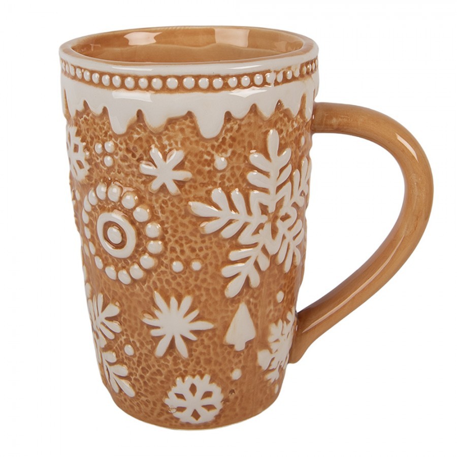Hnědý vysoký hrnek s vločkami Snowflakes - 14*10*15 cm / 575 ml
