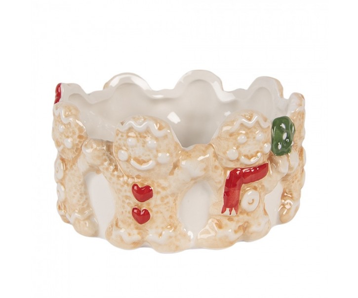 Bílo-hnědá keramická miska s perníčky - Ø14*7 cm Clayre & Eef