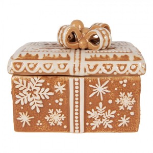 Hnědá keramická perníková dóza s mašlí a vločkami Snowflakes - 19*13*16 cm