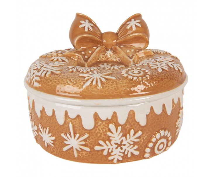 Hnědá keramická perníková dóza s mašlí - Ø 20*13 cm Clayre & Eef