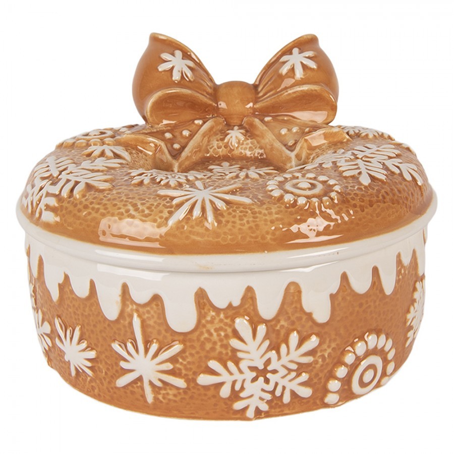 Levně Hnědá keramická perníková dóza s mašlí a vločkami Snowflakes - Ø 20*13 cm 6CE2226