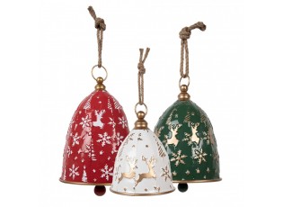 Set 3ks zelený červený bílý zvonek s jeleny - Ø 32*43 / Ø 28*35 / Ø 23*28 cm