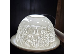 Bílý porcelánový svícen na čajovou svíčku s domky Paollo - Ø 12*8 cm