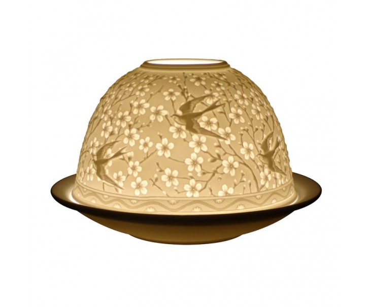 Porcelánový svícen na čajovou svíčku s vlaštovkami a květy Paollo - Ø 12 * 8 cm Clayre & Eef