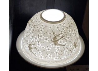 Porcelánový svícen na čajovou svíčku s vlaštovkami a květy Paollo - Ø 12 * 8 cm