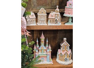 Růžovo-modrý pastelový perníkový zámek Gingerbread House - 27*18*42 cm