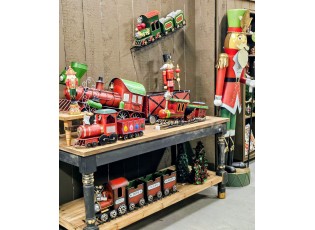 Červená kovová dekorace vláček na kolejích Christmas Train - 95*19*28 cm