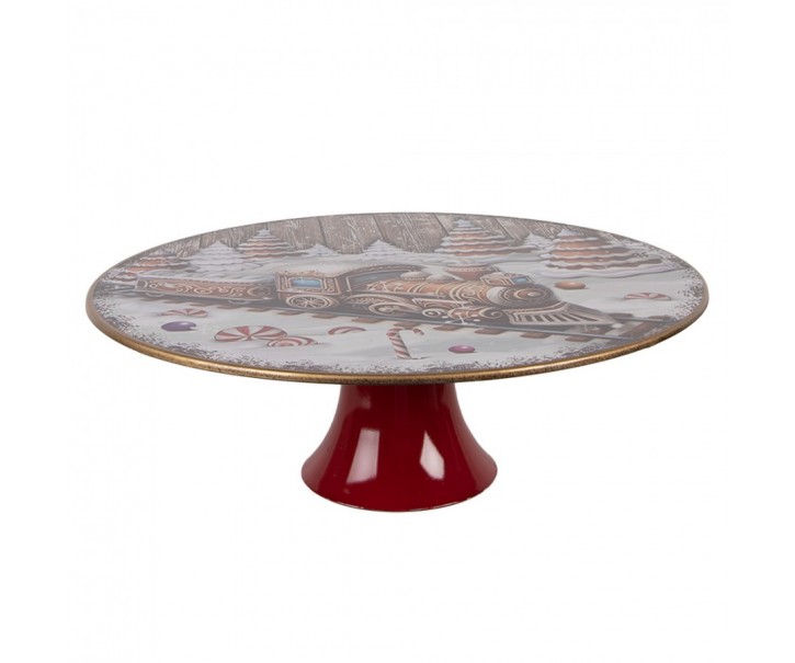 Červený podnos na dort s perníkovým vláčkem Gingerbread - Ø 29*10 cm Clayre & Eef