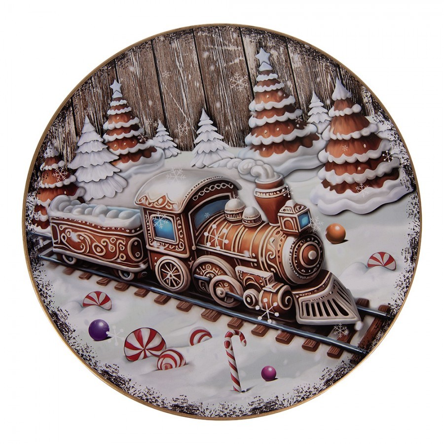 Červený podnos na dort s perníkovým vláčkem Gingerbread - Ø 29*10 cm Clayre & Eef Červený podnos na dort s perníkovým vláčkem Gingerbread - Ø 29*10 cm Clayre & Eef