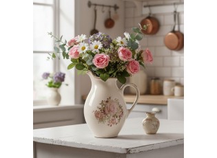Béžový dekorační keramický džbán s růžemi Rosien S - 16*12*19 cm