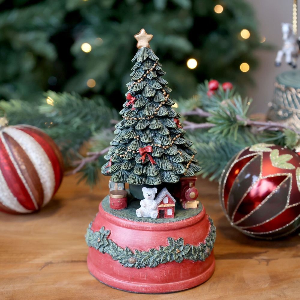 Višňovo-zelená antik hrací skříňka stromek Noël - Ø 10*18,5 cm