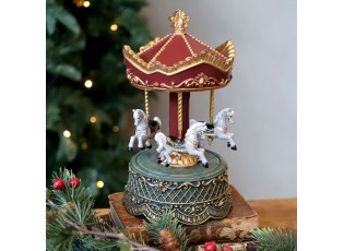 Višňovo-zelená antik hrací skříňka kolotoč s koníky Noël - Ø 12,5*23 cm