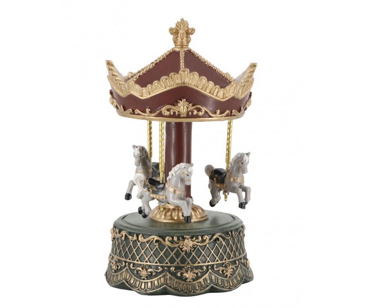 Višňovo-zelená antik hrací skříňka kolotoč s koníky Noël - Ø 12,5*23 cm Chic Antique