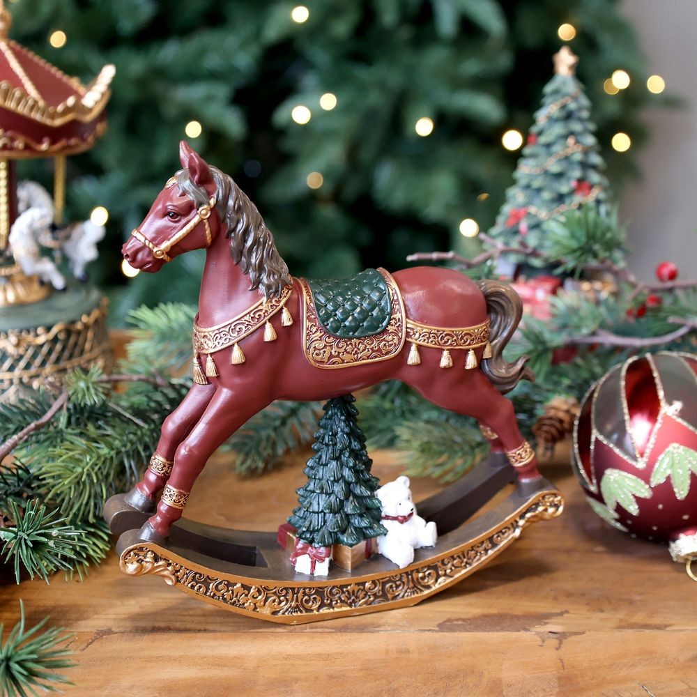Višňovo-zlatý antik houpací koník Noël - 18*4,5*18 cm
