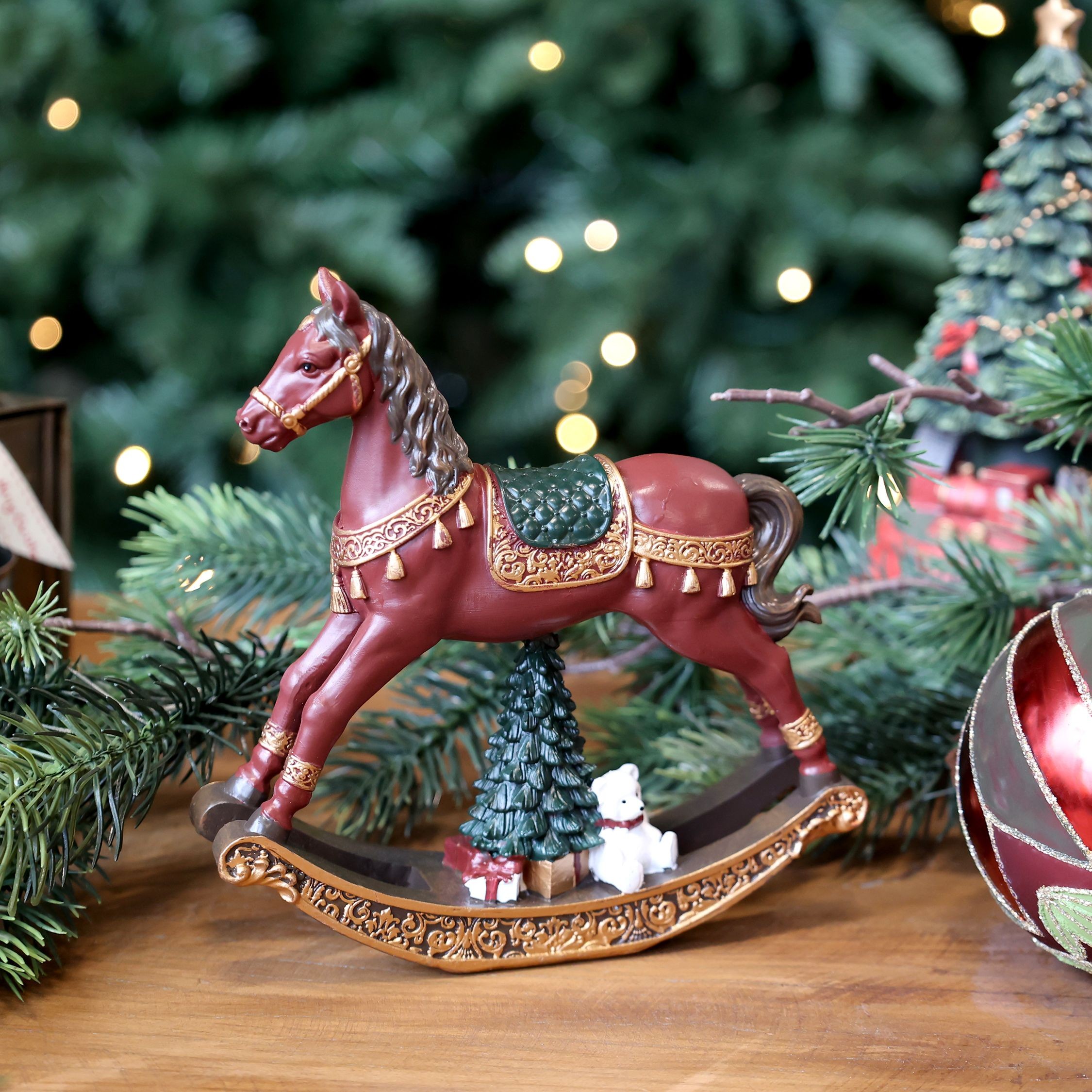 Višňovo-zlatý antik houpací koník Noël - 14*3,5*14 cm