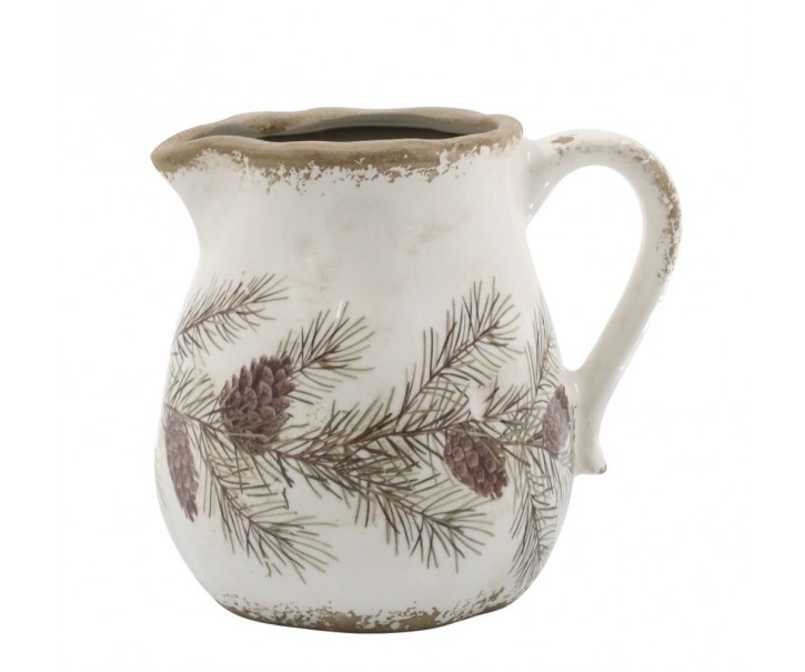 Béžový baňatý keramický džbán s jedlovou girlandou - 13*16*15,5 cm Chic Antique