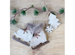 Krémová antik vánoční ozdoba brusle Vintage - 9*2*10 cm 