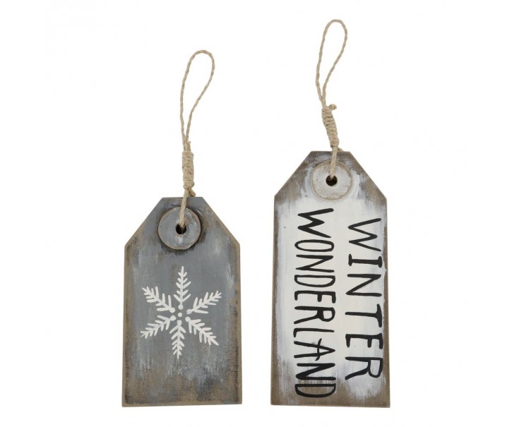 Bílá a šedá antik vánoční ozdoba cedulka Winter - 9*1,5*20 / 9*1,5*16 cm Chic Antique