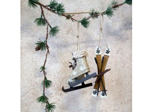 2ks přírodní antik vánoční ozdoba brusle a lyže Vintage - 2*14/ 9*2*9 cm 