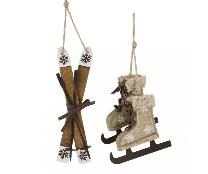 2ks přírodní antik vánoční ozdoba brusle a lyže Vintage - 2*14/ 9*2*9 cm Chic Antique