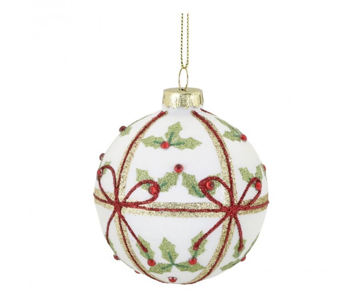 Bílá skleněná vánoční ozdoba koule s cesmínou - Ø 8 cm Chic Antique