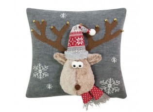 Šedý vánoční dekorační polštář sob Rudolf - 40*40*7cm