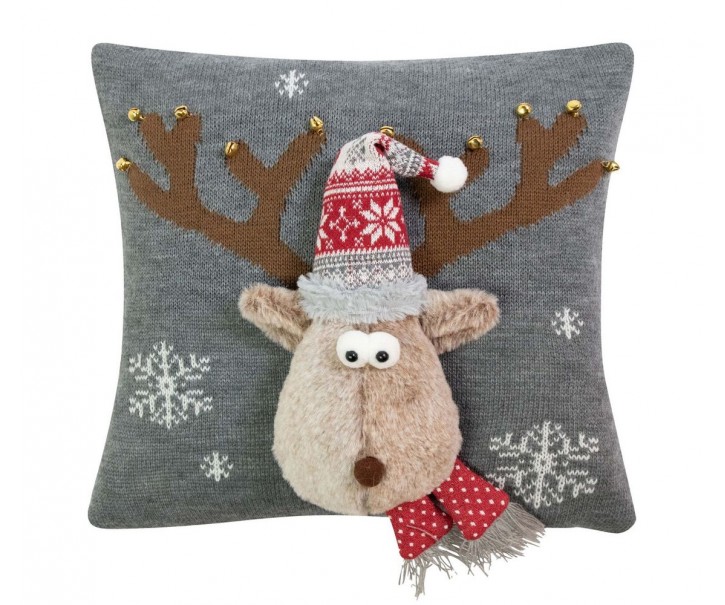 Šedý vánoční dekorační polštář sob Rudolf - 40*40*7cm Mars & More 