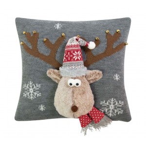 Šedý vánoční dekorační polštář sob Rudolf - 40*40*7cm