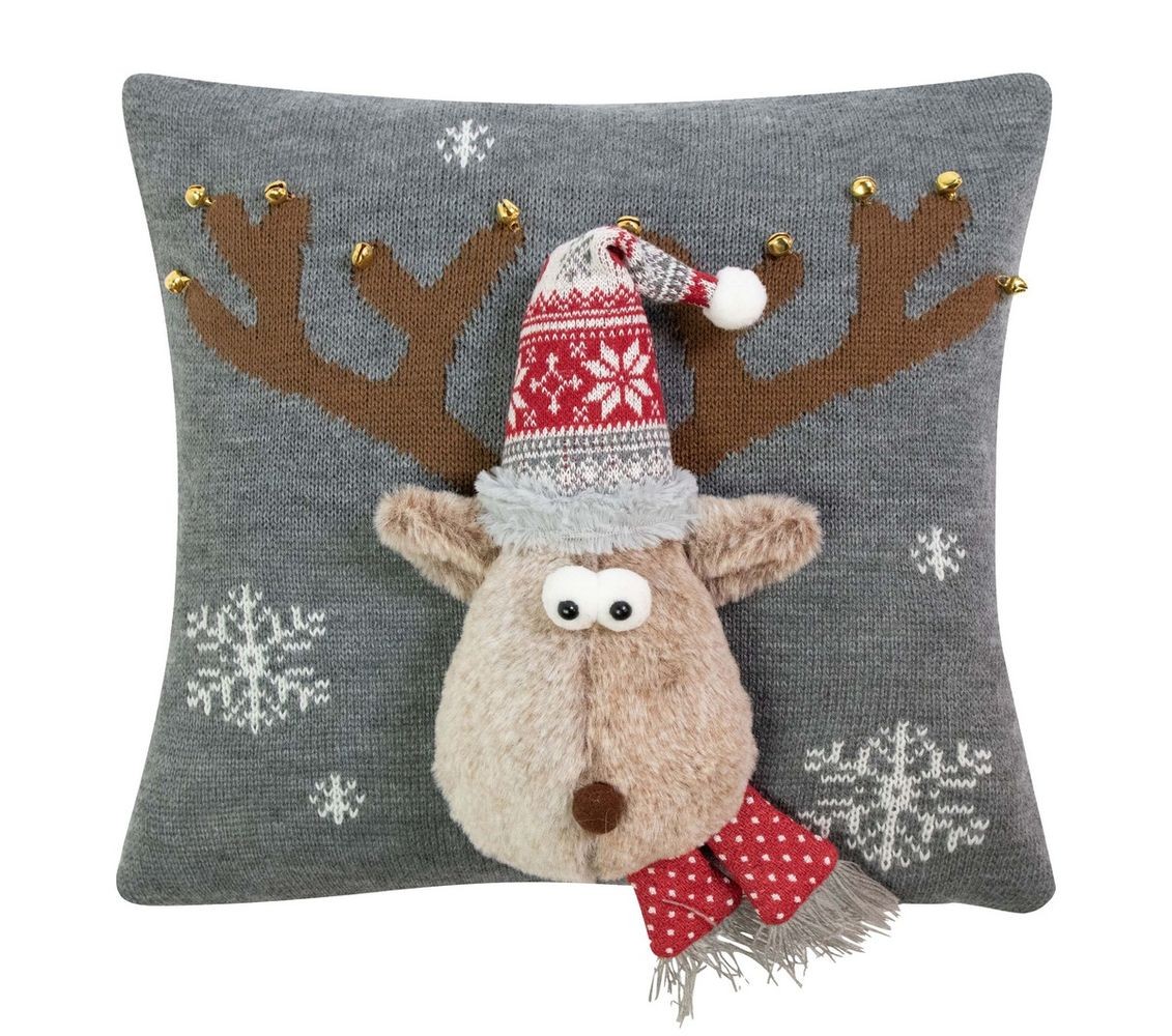 Šedý vánoční dekorační polštář sob Rudolf - 40*40*7cm