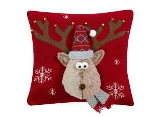 Červený vánoční dekorační polštář sob Rudolf - 40*40*7cm