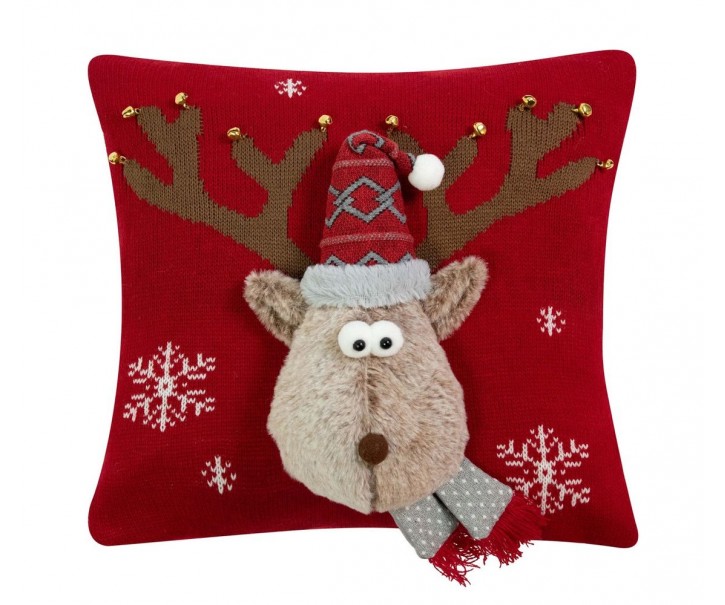 Červený vánoční dekorační polštář sob Rudolf - 40*40*7cm Mars & More 