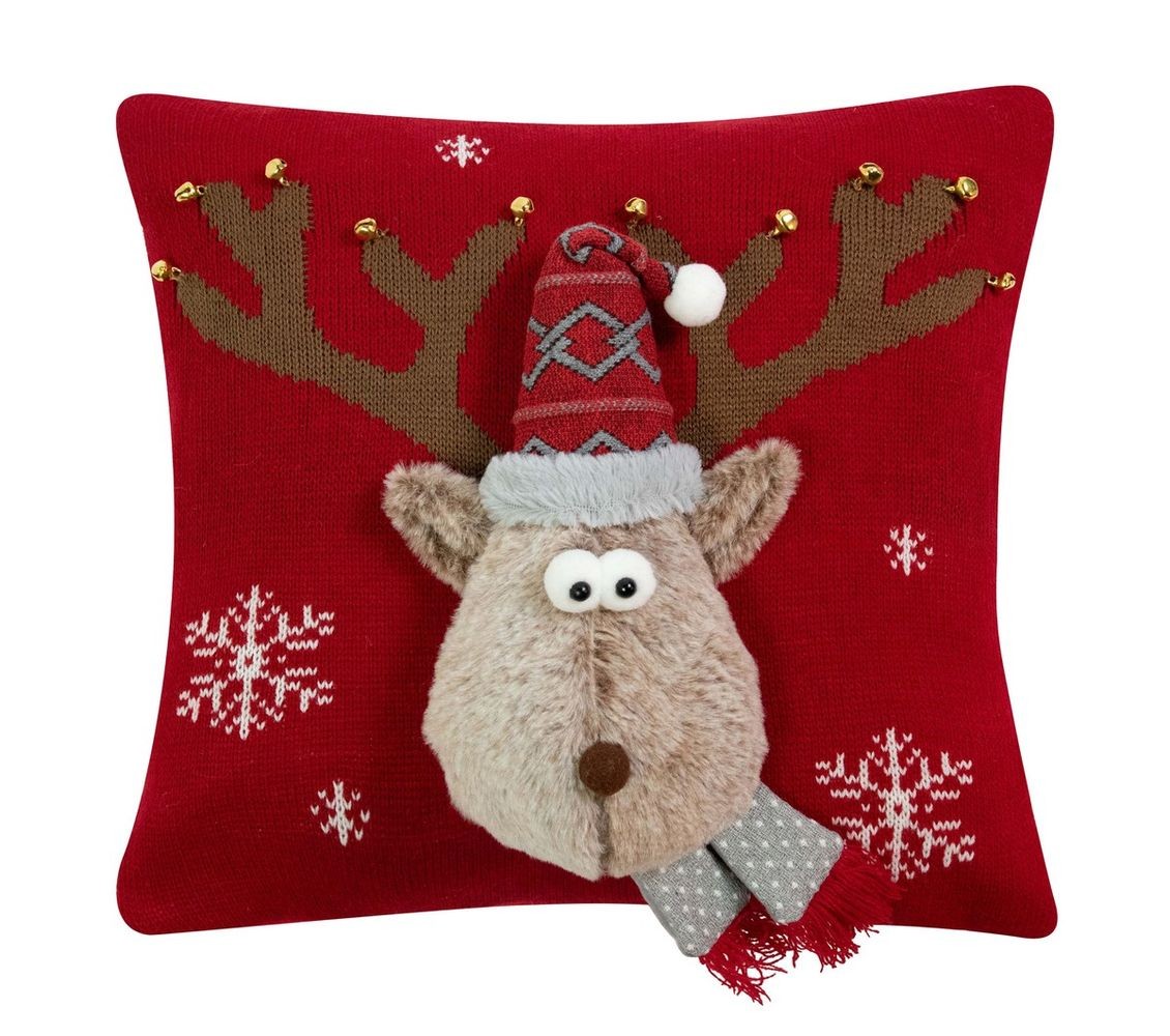 Červený vánoční dekorační polštář sob Rudolf - 40*40*7cm