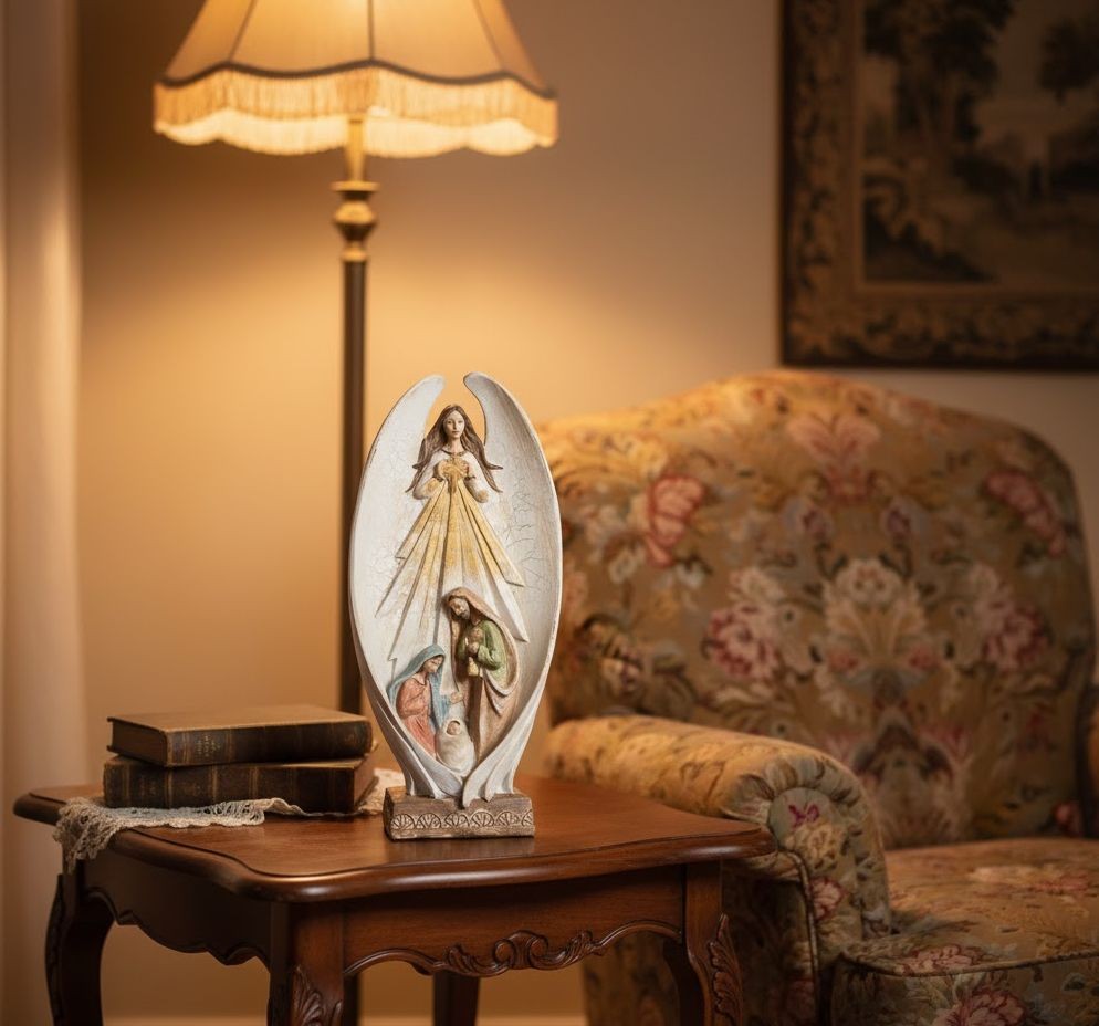 Béžová antik dekorace anděl se svatou rodinou Angel - 19*10*40 cm