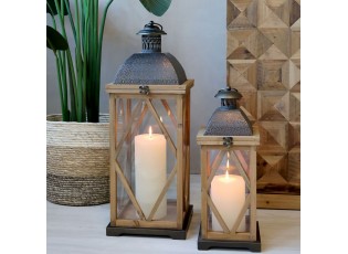 Set 2ks přírodní antik dřevěná lucerna Frencia - 24*24*67/ 17*17*46 cm