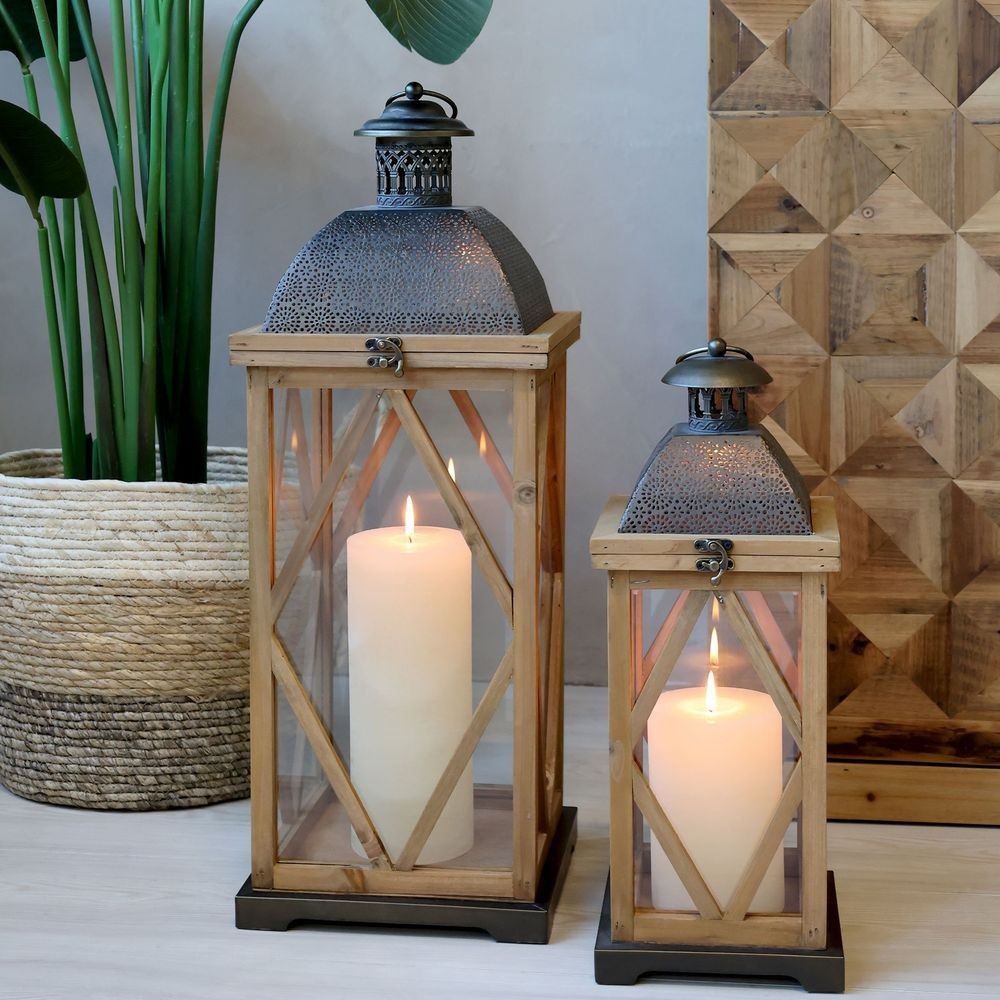 Set 2ks přírodní antik dřevěná lucerna Frencia - 24*24*67/ 17*17*46 cm