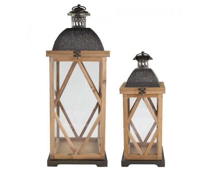 Set 2ks přírodní antik dřevěná lucerna Frencia - 24*24*67/ 17*17*46 cm Chic Antique