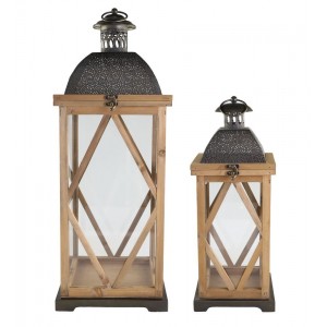 Set 2ks přírodní antik dřevěná lucerna Frencia - 24*24*67/ 17*17*46 cm