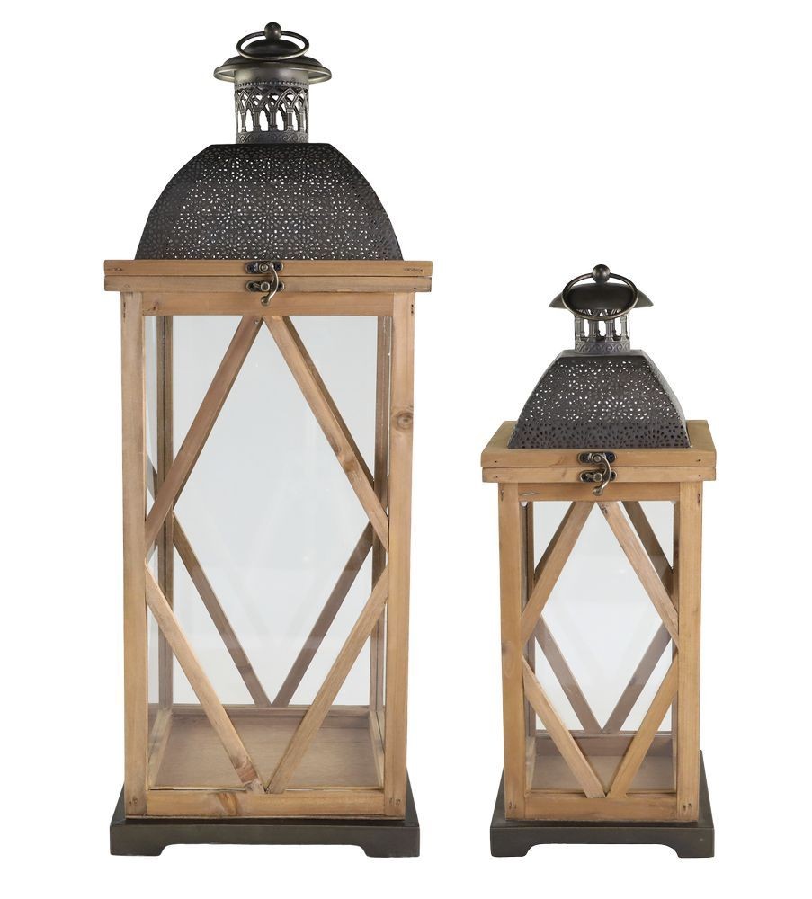 Set 2ks přírodní antik dřevěná lucerna Frencia - 24*24*67/ 17*17*46 cm