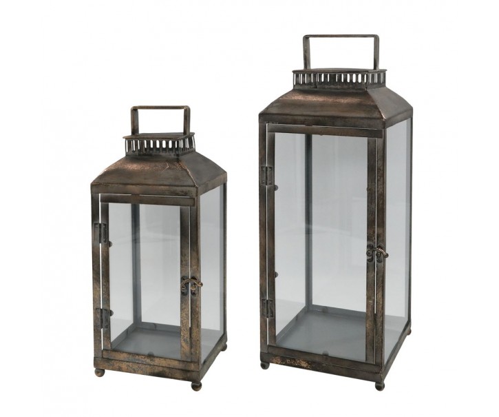 Set 2ks zlatá antik kovová lucerna Jannie - 20*20*56/ 16*16*41 cm Chic Antique