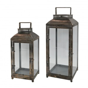 Set 2ks zlatá antik kovová lucerna Jannie - 20*20*56/ 16*16*41 cm