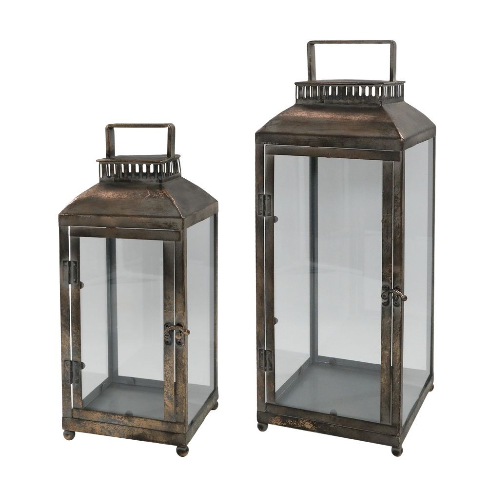 Set 2ks zlatá antik kovová lucerna Jannie - 20*20*56/ 16*16*41 cm