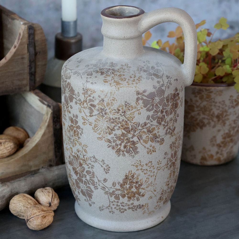 Béžová antik keramická váza s ouškem a květy Melun - Ø 13*25 cm