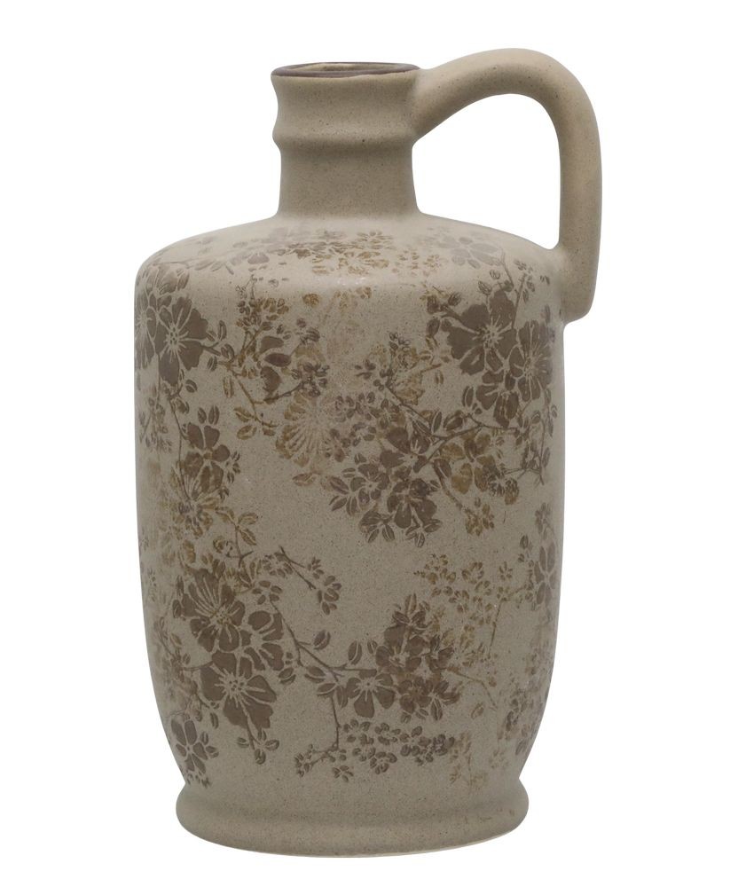 Béžová antik keramická váza s ouškem a květy Melun - Ø 13*25 cm
